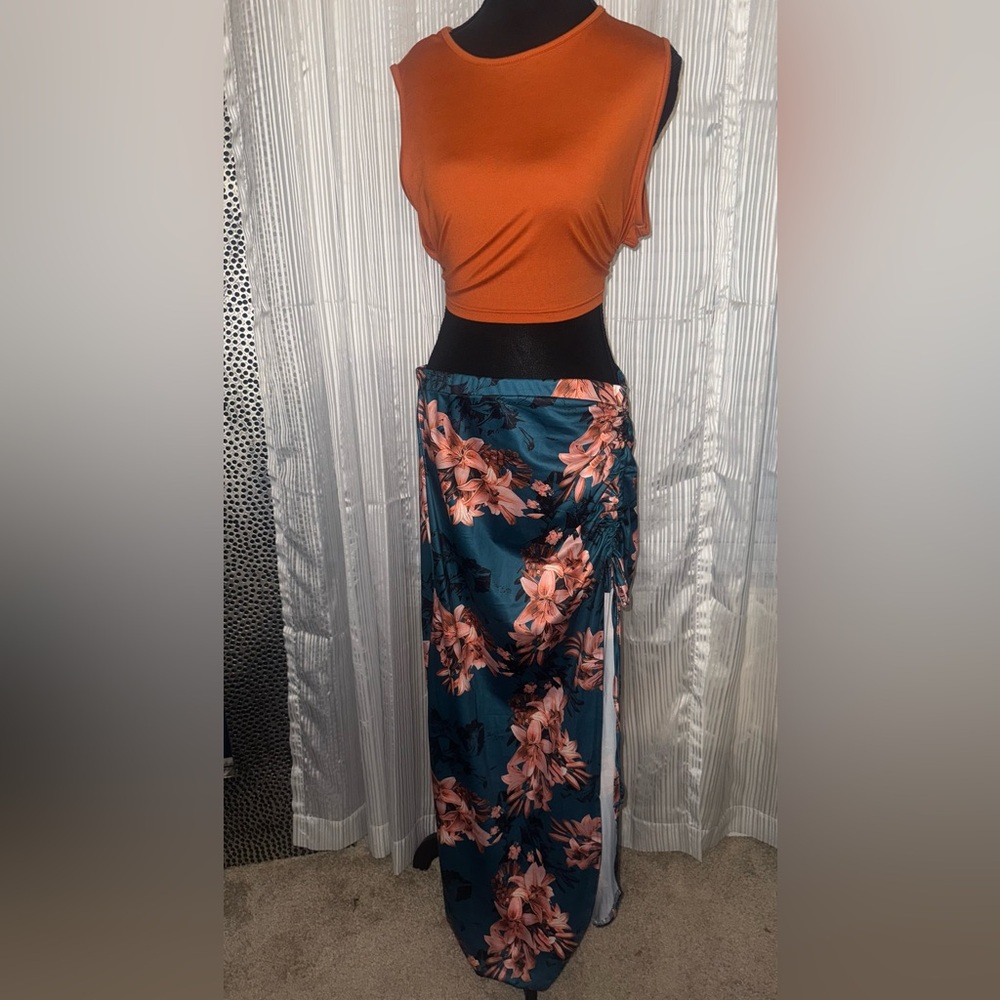 SHEIN Teal and Coral Floral Maxi Skirt